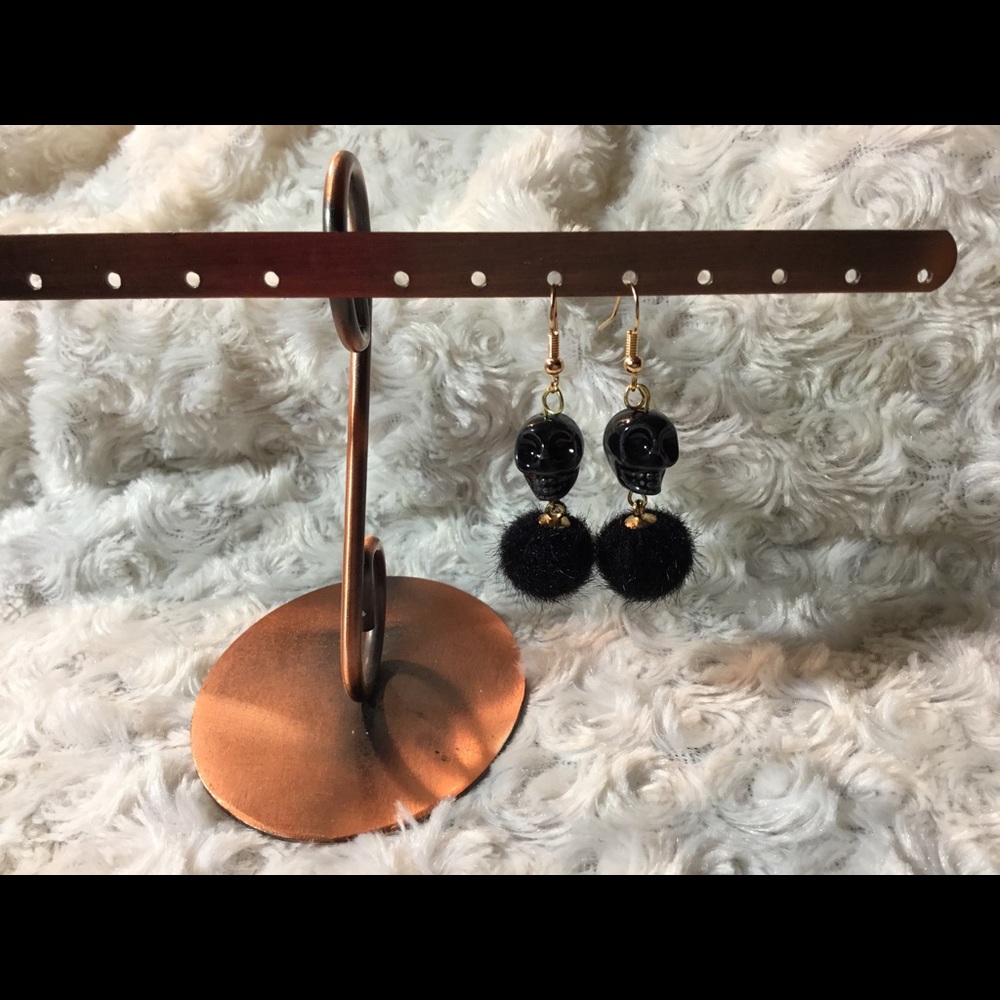 Pom pom Skull Dangle Earrings Midnight 2in long - Picture 4 of 7